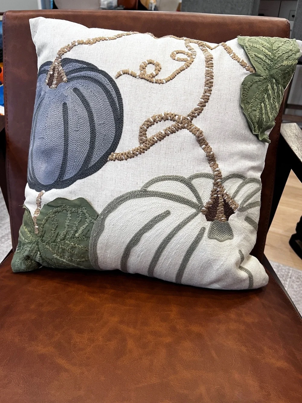 16x16 Embroidered Pumpkin Throw Pillow Fall Harvest Autumn Decor Linen Blend